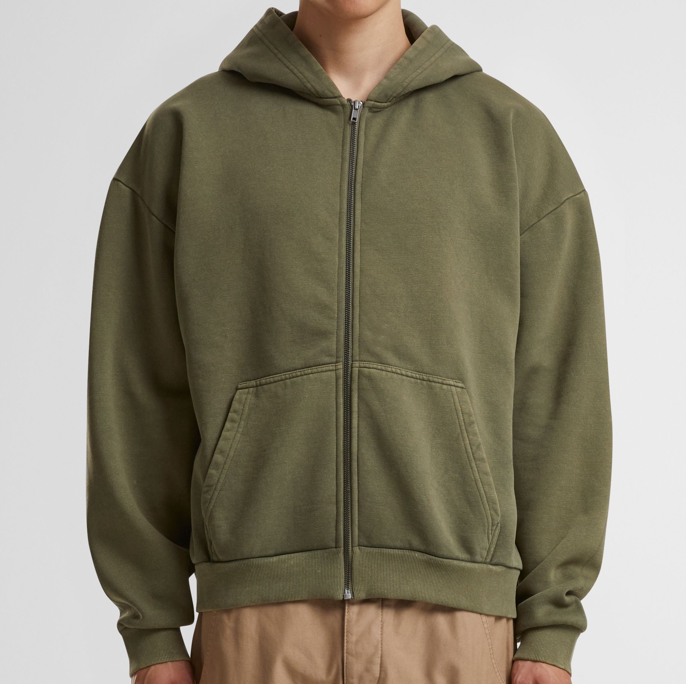 Sweat Capuche Zippé Lourd Délavé - Warm Khaki