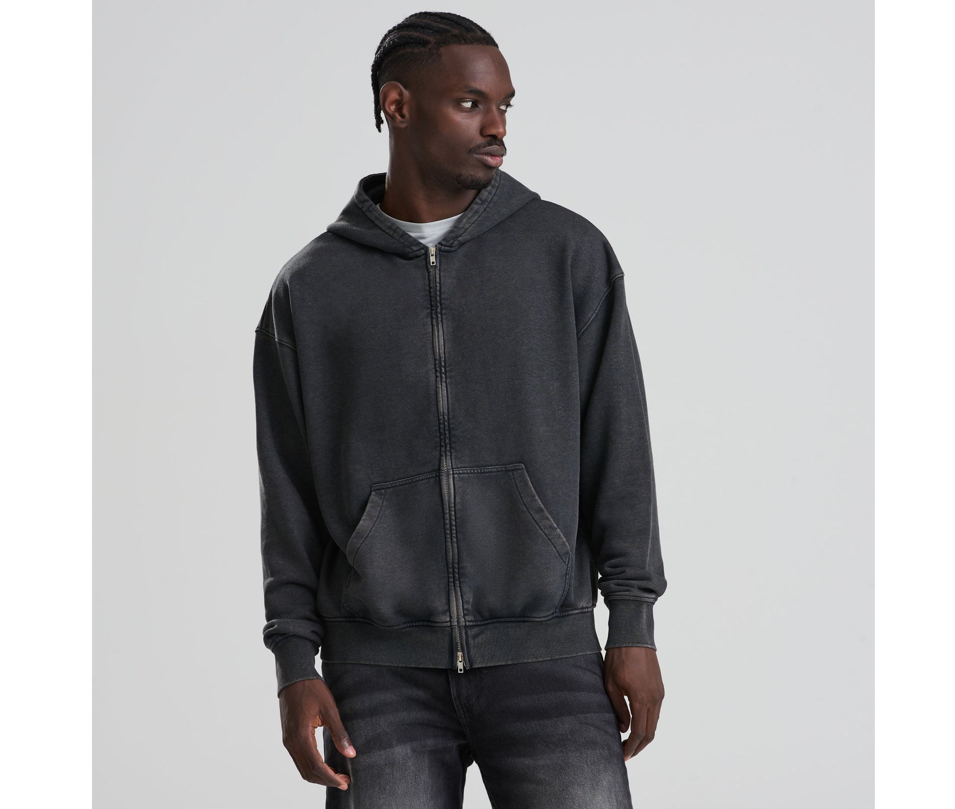 Sweat à capuche zippé effet délavé